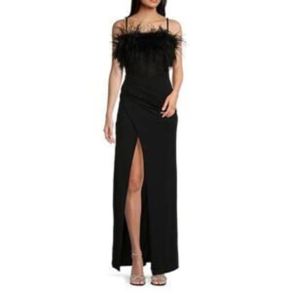 Dear Moon women's black formal gown size 1 stretch feather neckline corset ruche